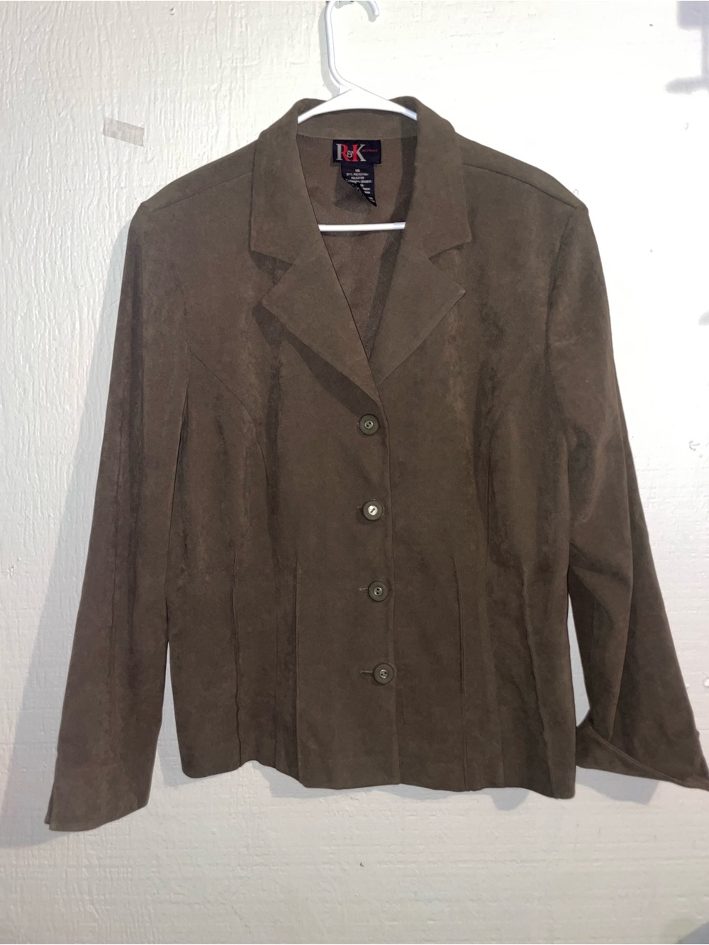 R&K Vintage Olive Green Faux Suede Button-Front Blazer Jacket